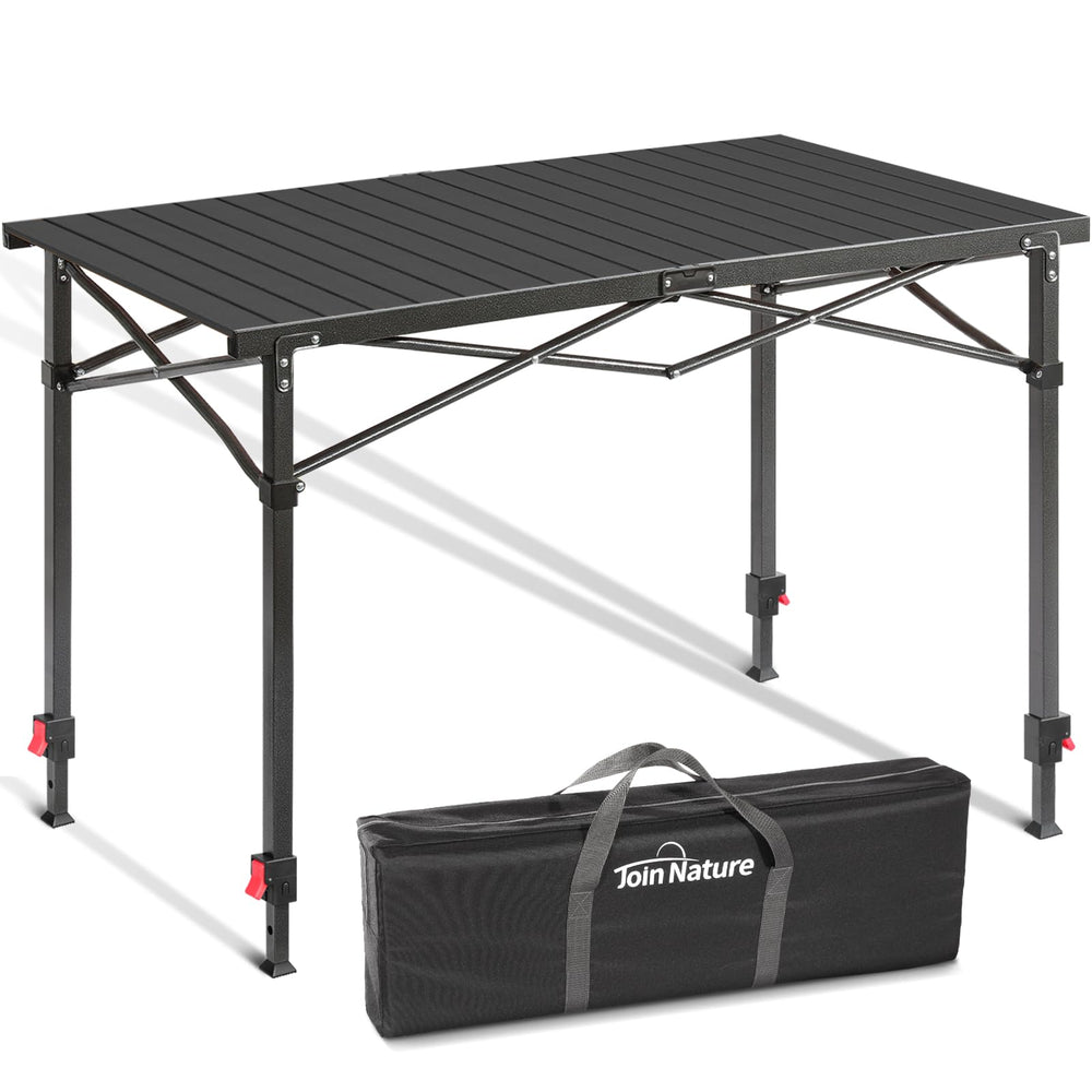 Join Nature portable outdoor adjustable table top view demonstrates sturdy aluminum surface for group meals.