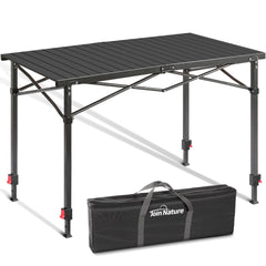 Join Nature portable outdoor adjustable table top view demonstrates sturdy aluminum surface for group meals.