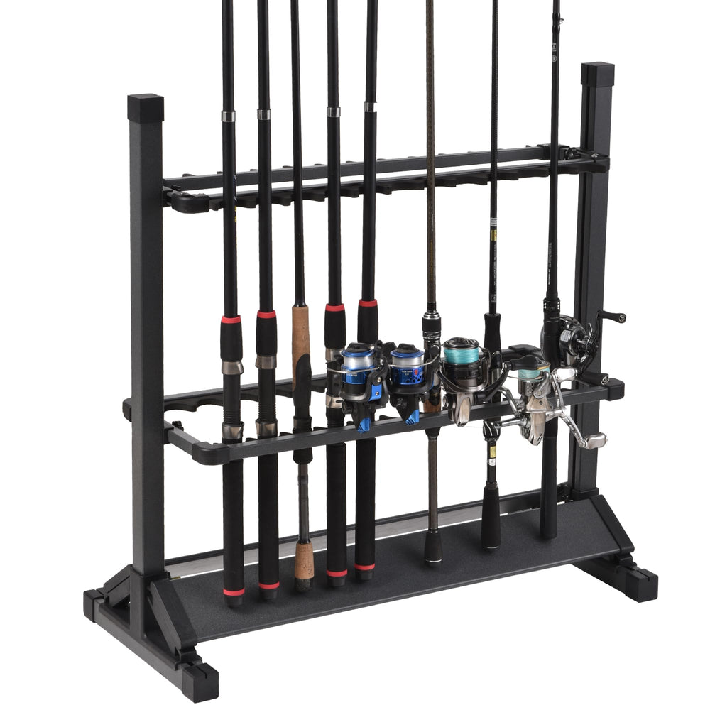 Jorazor 24-slot fishing rod rack in gray aluminum with vertical design