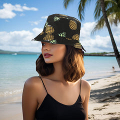 Reversible packable bucket hat showing solid color underside