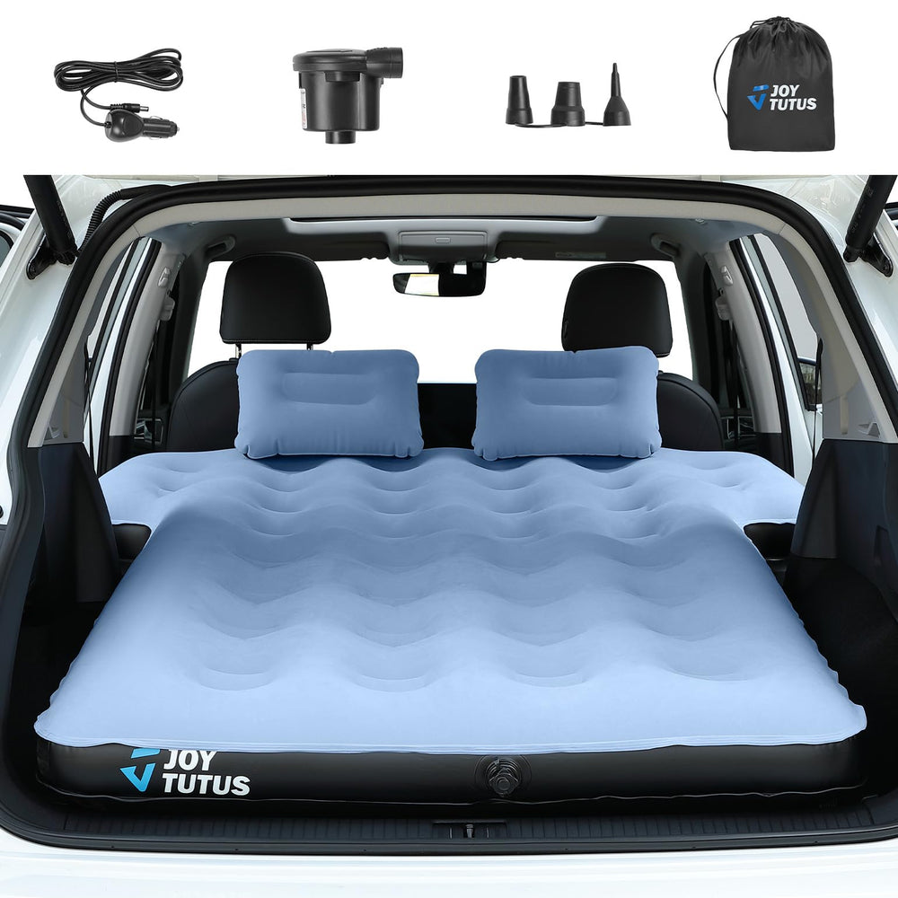 JOYUTUTUS SUV air mattress in car demonstrates comfortable in-trunk rest for two adults on road trips