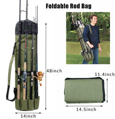 Canvas fishing bag unfolded showing dimensions 48" L x 14" D