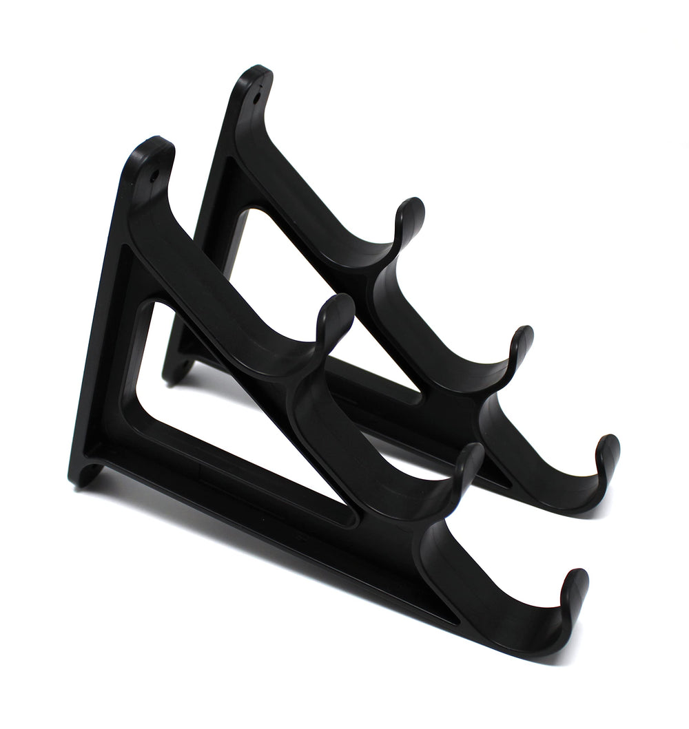 JSP Manufacturing plastic horizontal rod wall rack mounted on wall holding three rods for organized storage.