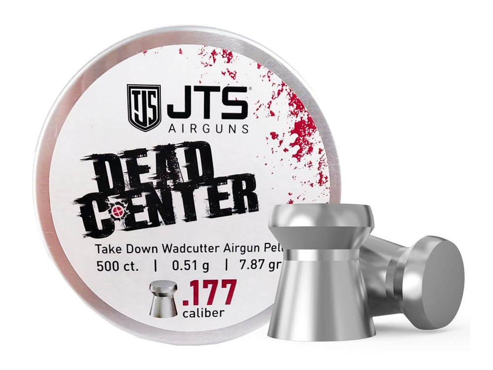 JTS Dead Center precision pellets with flat head for stable flight in .177 cal.