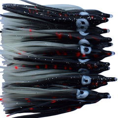 Jumping Fish octopus skirt lure in black for trolling, versatile saltwater and freshwater fishing.
