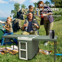 Just-V cooler lid with drain spout and built-in cup holder for spills-free use.