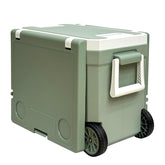 Just-V 32L cooler with heavy wheels for beach and trail transport.