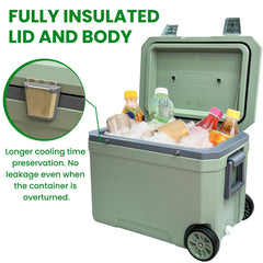Just-V 45L cooler with lid open, showing ample interior space.
