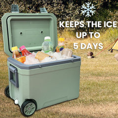 Just-V 45L cooler side with rugged wheels, built for rough terrain.
