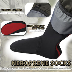 JUSTOOP 4mm neoprene socks in gravel guards provide warmth and comfortable footing.