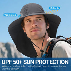 Green UV protection wide brim hat with neck flap – side view