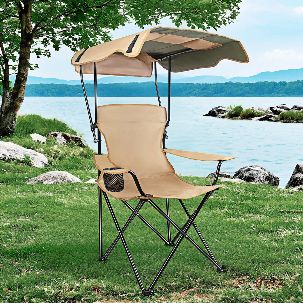 JYYA88BB portable camping chair with canopy offers adjustable shade for sunny outings.