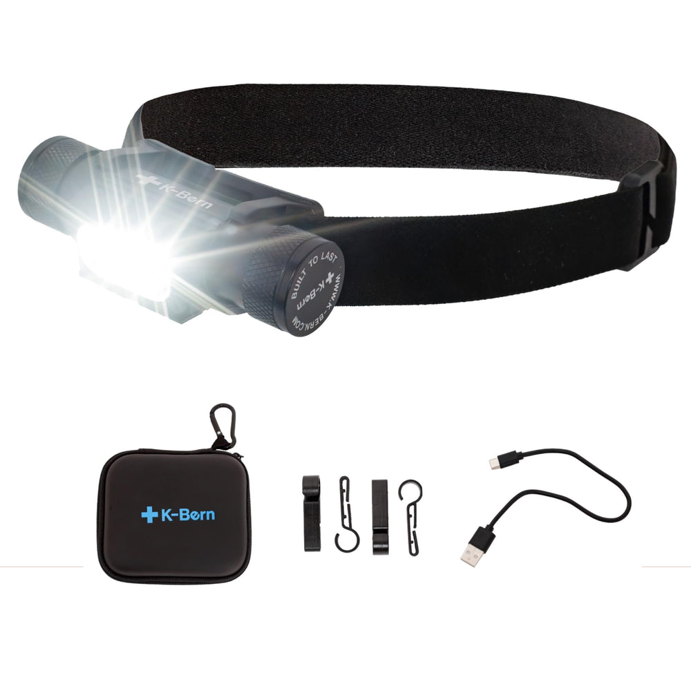 K-Bern headlamp front view shows 1850-lumen brightness for outdoor visibility.