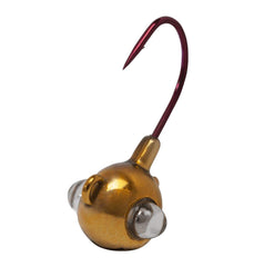 Kalin's GELB14-G Google Eye jig close-up showing glass eye and rattle system.