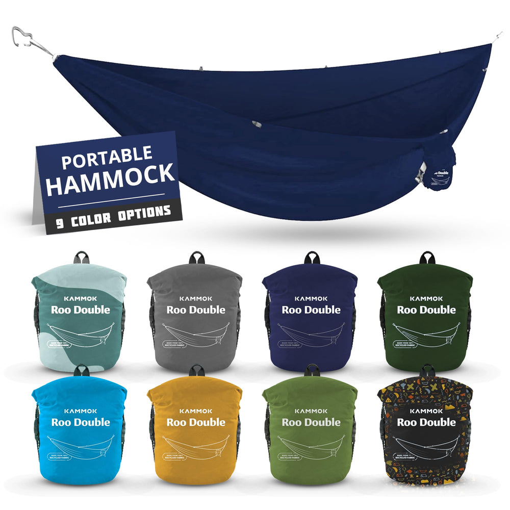 KAMMOK Roo Double Hammock in midnight blue, compact and comfortable for camping.