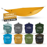 Kammok Roo Single in Sunflower Gold with folded-stuff-sack, travel-ready setup.