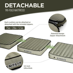 Kampair zippered detached sections enable multi-use comfort and easy packing.