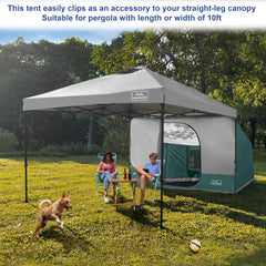 KAMPKEEPER Side Tent clip-attachment enables quick setup on 10-foot canopy frames.