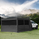 KAMPKEEPER sidewalls for 10x10 canopy show flexible setup for camping