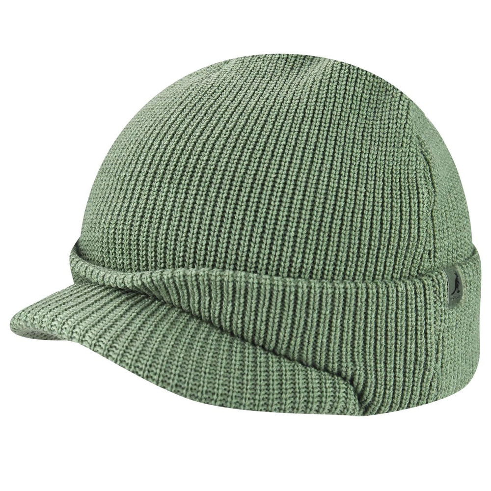 Kangol sliced peak beanie front view in oil green for everyday warmth and style.