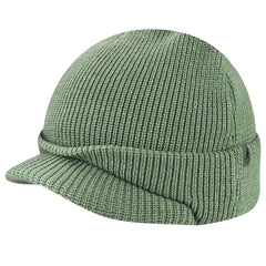 Kangol sliced peak beanie front view in oil green for everyday warmth and style.