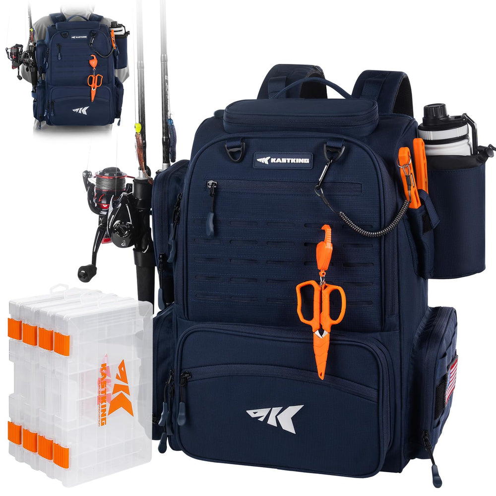 KastKing Bait Boss Pro backpack side view shows rugged blue shell for all-day fishing