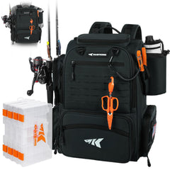 KastKing Bait Boss Pro backpack front view shows organized storage for quick bait access.