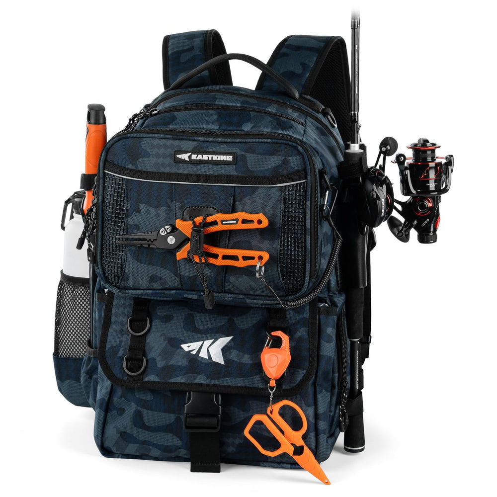 KastKing BaitSpace 50L backpack blue camo back view for all-day fishing storage.