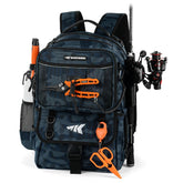 KastKing BaitSpace 50L backpack blue camo back view for all-day fishing storage.