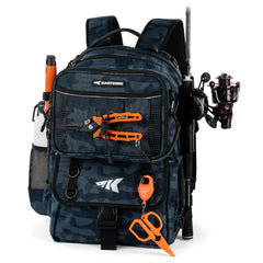 KastKing BaitSpace 50L backpack blue camo back view for all-day fishing storage.