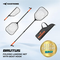 Collapsed Brutus net showing foldable design and boat hook