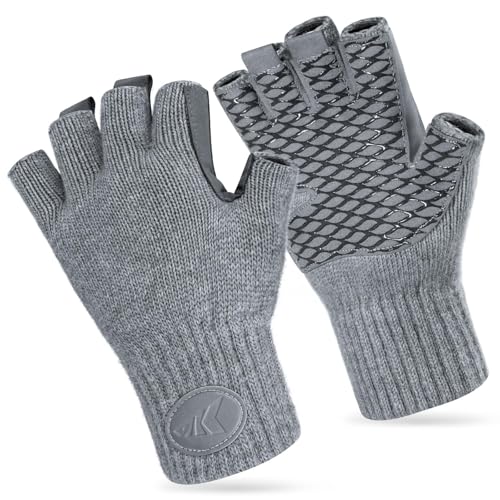 KastKing Bully Wooly fingerless gloves closeup palm shows precise grip for fishing tasks.