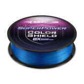 KastKing ColorShield 8X braided line close-up shows vibrant blue color and colorfast durability.