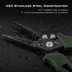 KastKing Cutthroat 7in pliers open, ergonomic rubber handle for one-handed control.