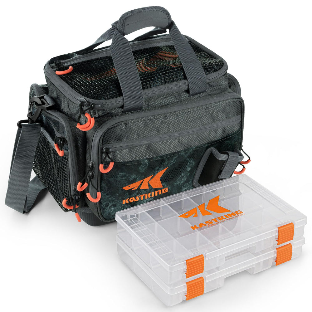 KastKing Hoss tackle bag full storage shown, ready for saltwater gear and seven 3600 trays.