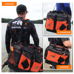 KastKing Lunker tackle bag waterproof-bottom protects gear on wet decks.