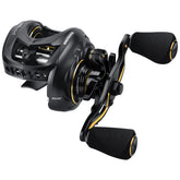 Angled view of KastKing MegaJaws Elite left-handed baitcasting reel in Dark Galaxy finish
