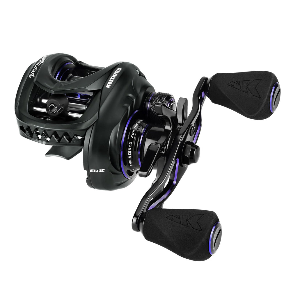KastKing MegaJaws Elite reel front view highlights compact design for smooth casting control.