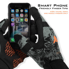 KastKing Mountain Mist gloves touch screen fingertips for easy phone use on ice.