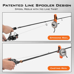 Radius line spooler clamp gripping a fishing rod
