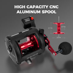 KastKing ReKon line counter detail captures accurate depth measurement for bait placement.