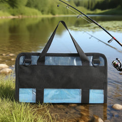 Open view of six-pocket PVC tackle bag in blue