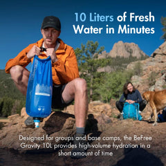 Katadyn Gravity BeFree 10L filter-element close-up highlights 0.1 micron hollow-fiber filtration.