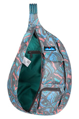 KAVU Rope Sack Topo Smash compartments closeup reveals two zip pockets for essentials.