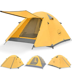 KAZOO Cometary 3P tent exterior front view highlights lightweight aluminum frame for easy backpacking.