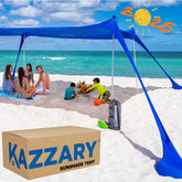 KAZZARY Beach Tent setup shows quick, solo assembly for beach shade.