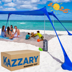 KAZZARY Beach Tent setup shows quick, solo assembly for beach shade.