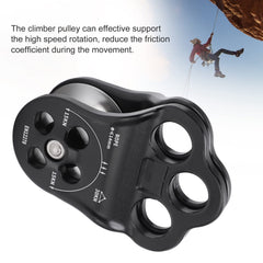 Keenso 30KN climbing pulley angle view highlights smooth rotation for easy rope management.