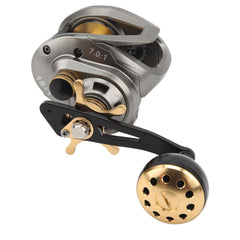 Keenso metal baitcasting reel closeup showing sturdy construction for reliable casts.