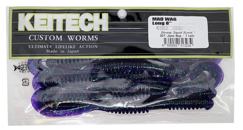 Keitech Mad Wag Long U-tail Worm Junebug showing wide action for big bites